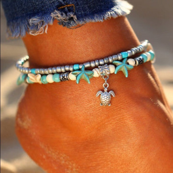 Jewelry - 🏖 SILVER SEA TURTLE STARFISH BEAD ANKLET BRACELET